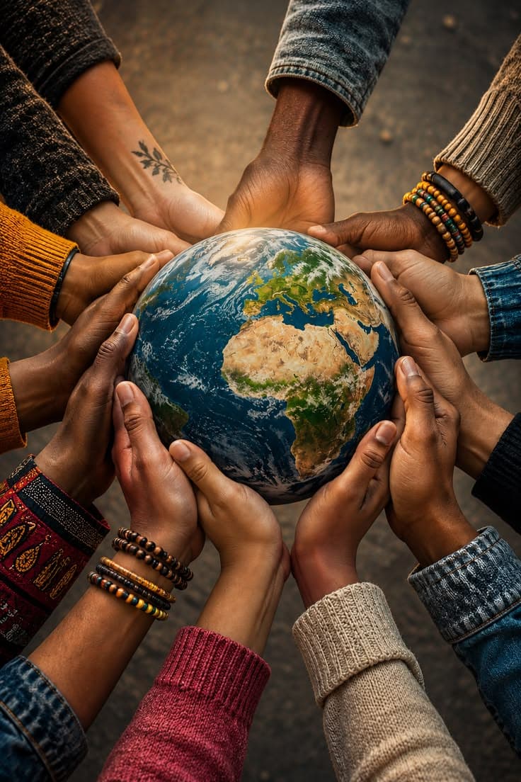 Mains multi-ethniques tenant la Terre — une communauté qui prend soin de la planète
